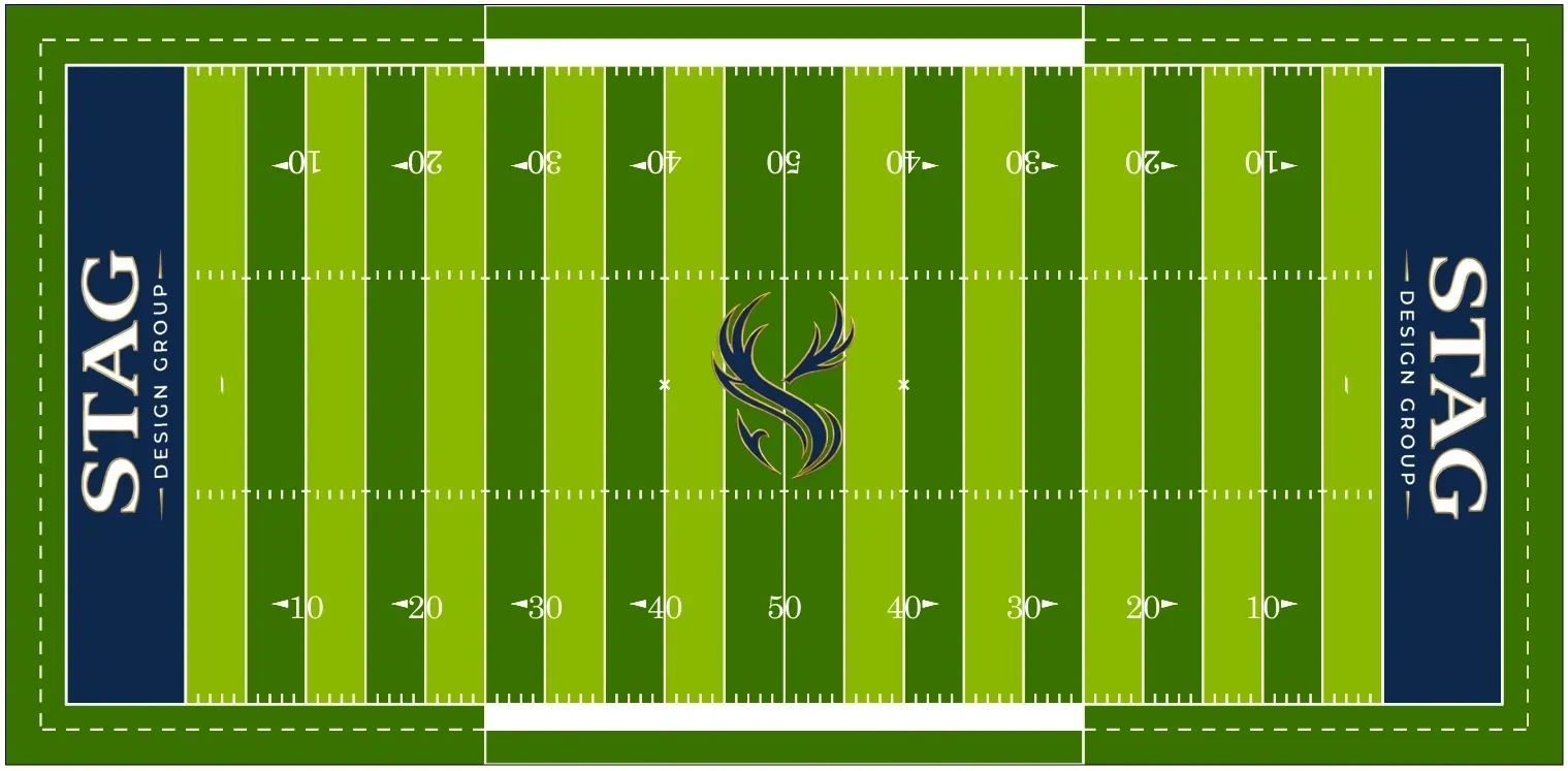 Overhead render of a football field with STAG Design Group end zones