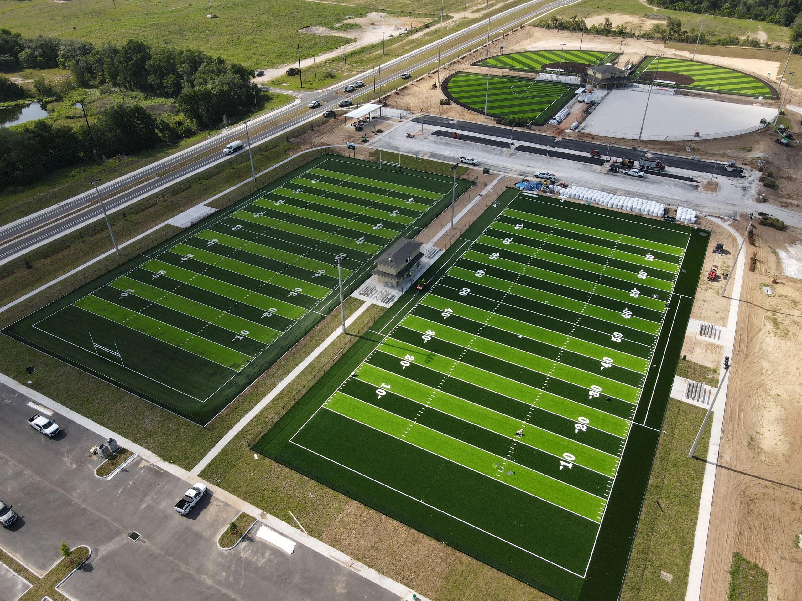 Aerial view of a multi-field synthetic turf complex